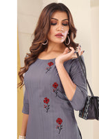 Monjolika Fashion Grey Vision Silk With Handmade Embroidery Kurti | Grocsy