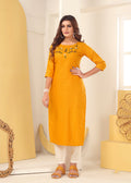 Monjolika Fashion Mustard Vision Silk With Handmade Embroidery Kurti | Grocsy