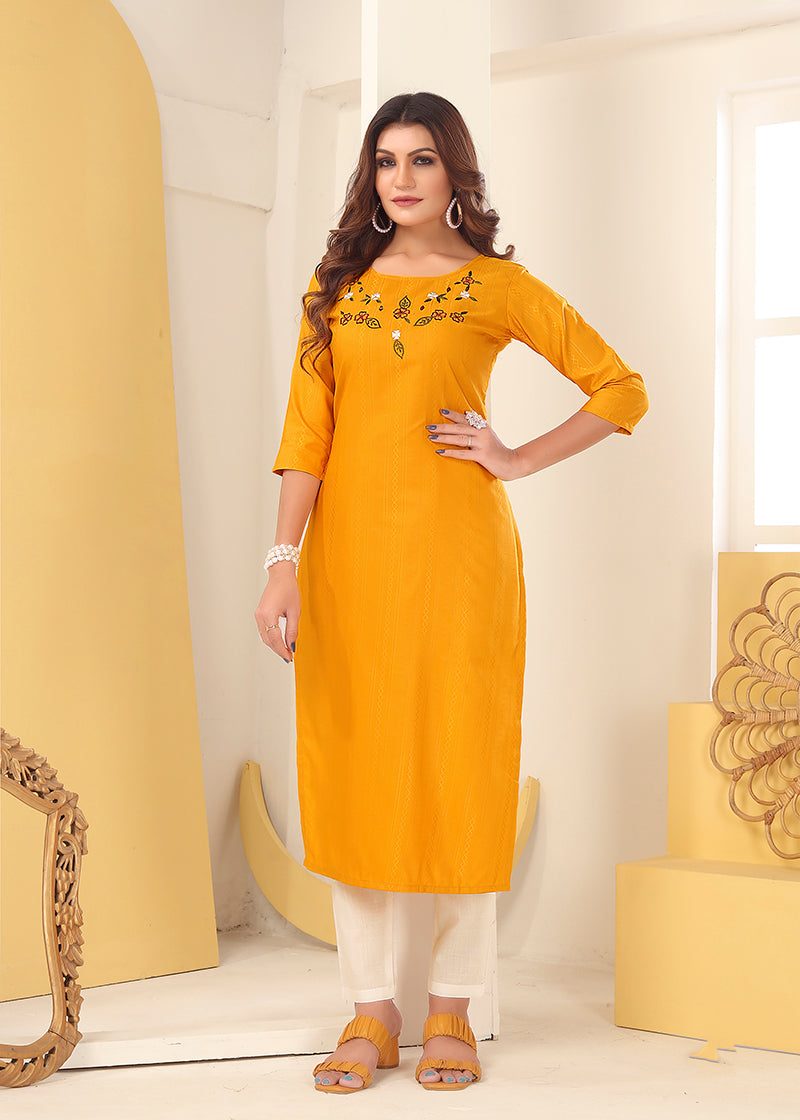 Monjolika Fashion Mustard Vision Silk With Handmade Embroidery Kurti | Grocsy