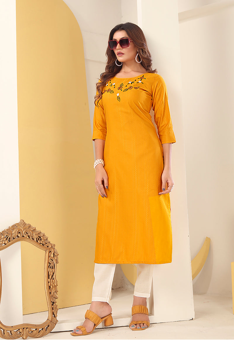 Monjolika Fashion Mustard Vision Silk With Handmade Embroidery Kurti | Grocsy