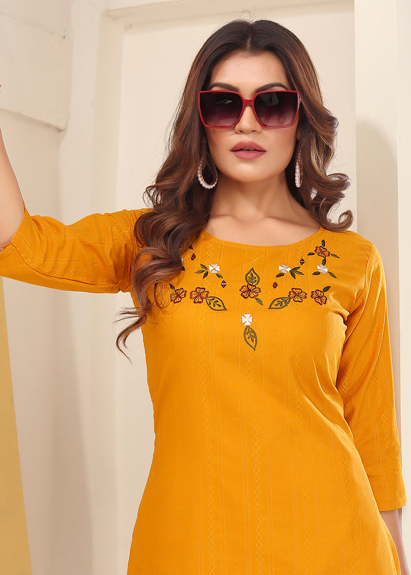 Monjolika Fashion Mustard Vision Silk With Handmade Embroidery Kurti | Grocsy
