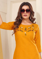 Monjolika Fashion Mustard Vision Silk With Handmade Embroidery Kurti | Grocsy
