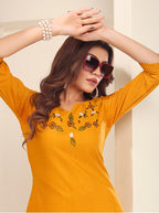 Monjolika Fashion Mustard Vision Silk With Handmade Embroidery Kurti | Grocsy