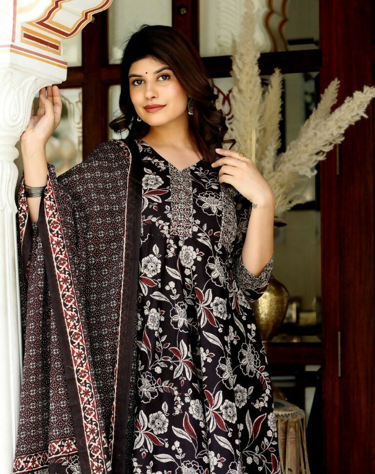 Miravan Women's Embroidered Multi Colour Anarkali Kurta With Palazzo And Dupatta | Grocsy