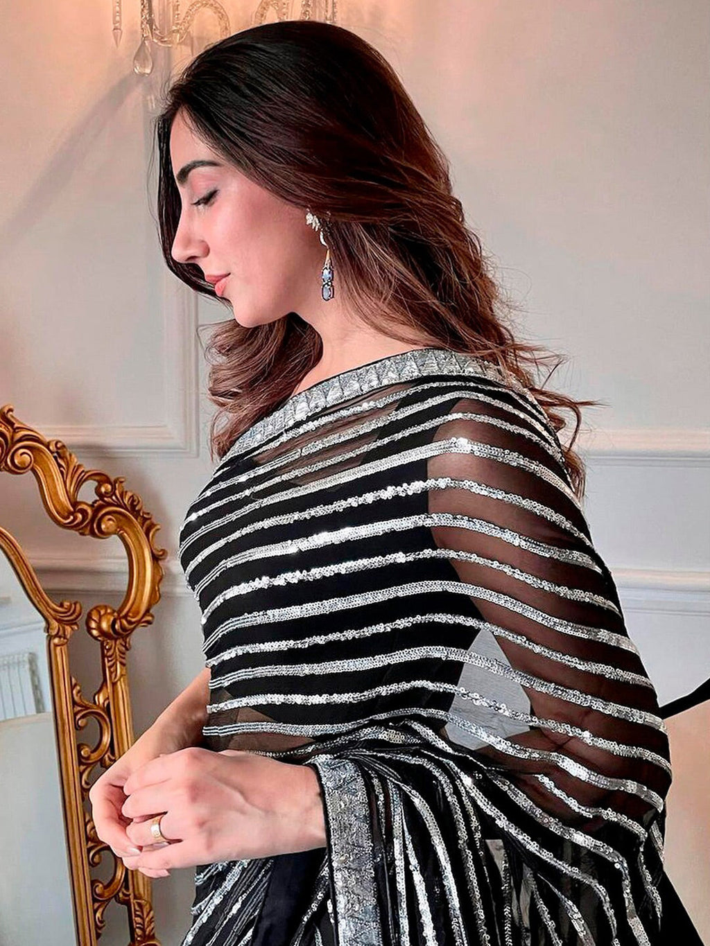 Sangria Black Sequinned Embellished Saree | Grocsy