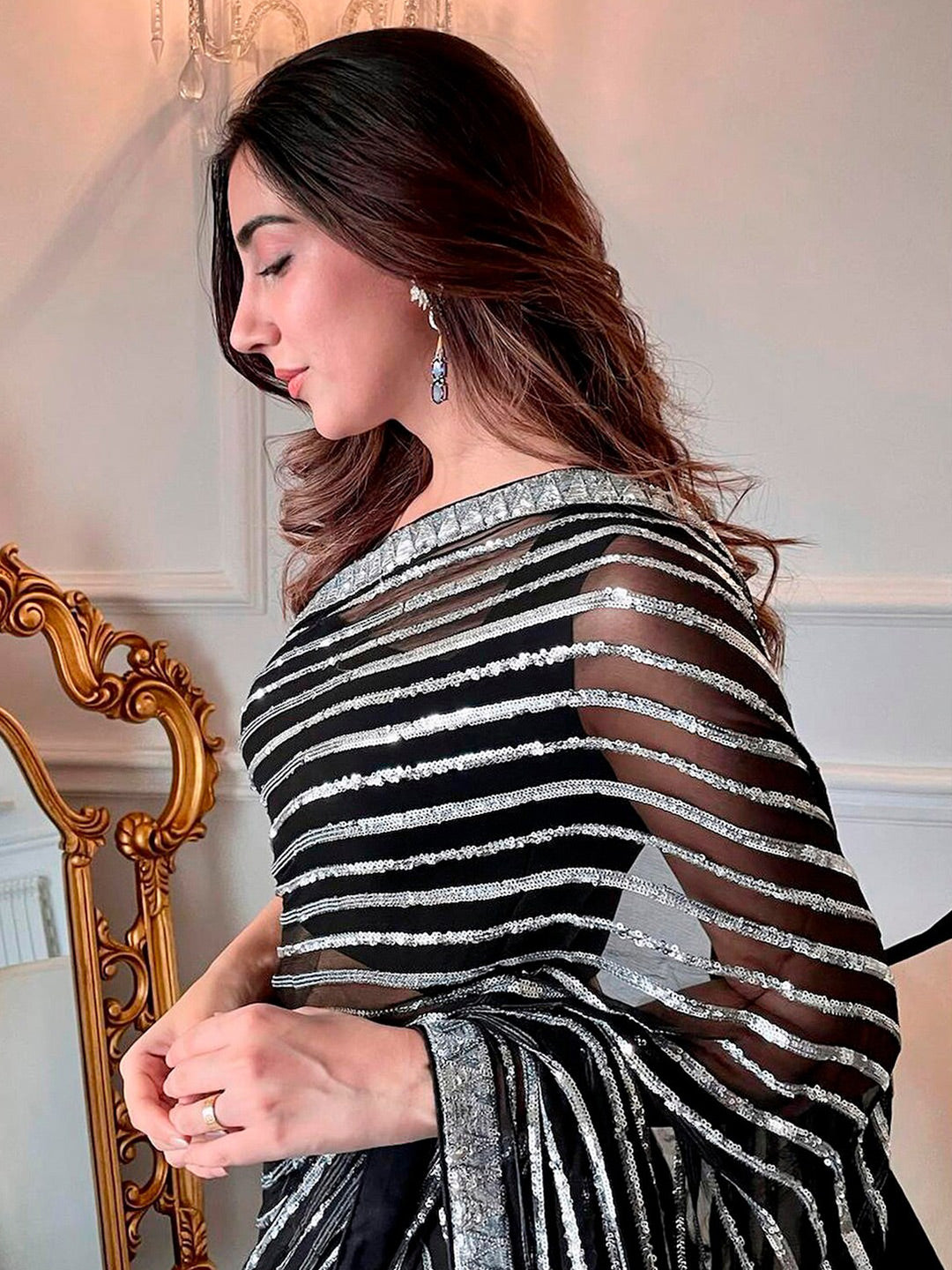 Sangria Black Sequinned Embellished Saree | Grocsy