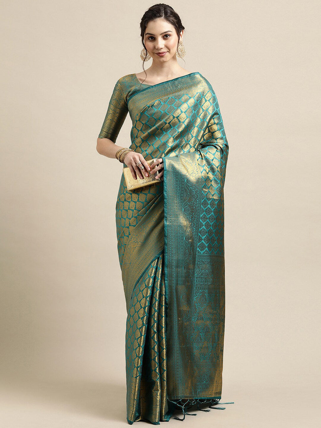 Saree Mall Blue & Gold-Toned Woven Design Zari Silk Blend Banarasi Saree | Grocsy