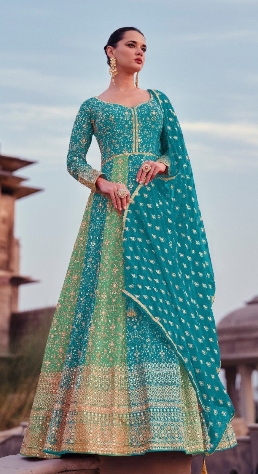 Anaita Sky Blue Heavy Embroidered Faux Georgette Stitched Anarkali Suit | Grocsy