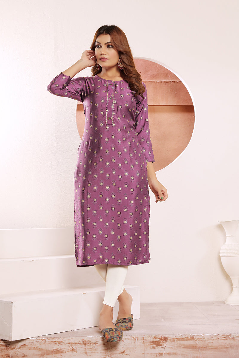 Monjolika Fashion Lavender Viscose Maslin Print With Pocket Stylish Kurti | Grocsy