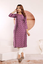 Monjolika Fashion Lavender Viscose Maslin Print With Pocket Stylish Kurti | Grocsy
