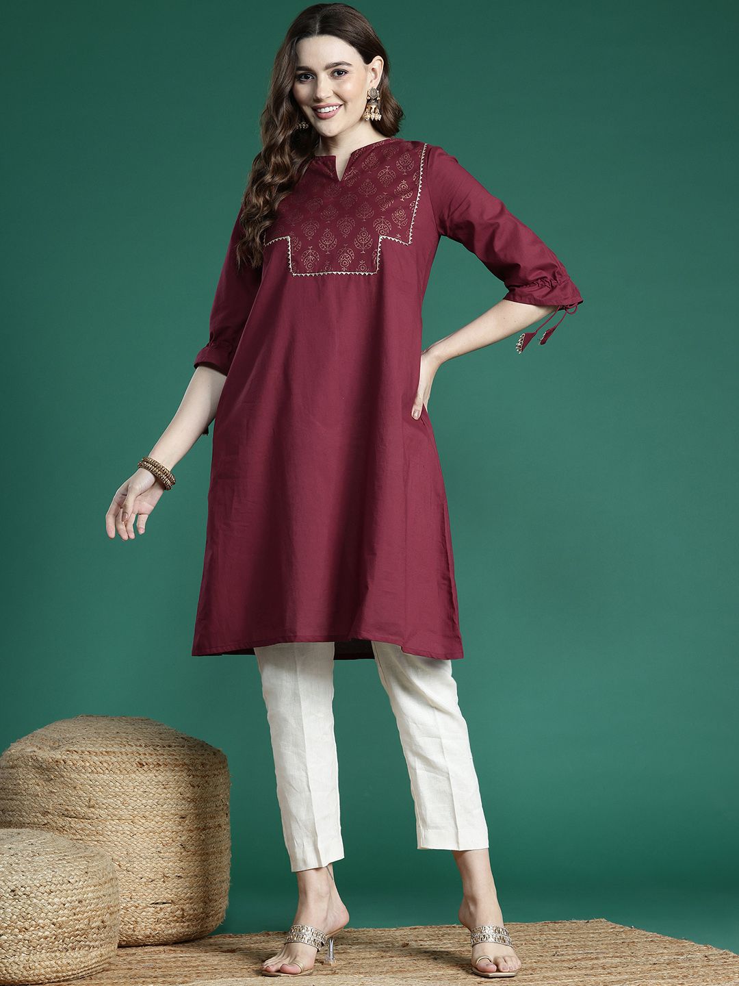 Sangria Ethnic Motifs Printed Gotta Patti Pure Cotton Kurta | Grocsy