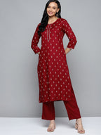 HERE&NOW Women Maroon Ethnic Motifs Printed Regular Kurta with Palazzos | Grocsy