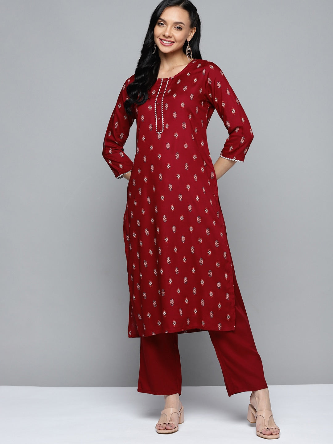 HERE&NOW Women Maroon Ethnic Motifs Printed Regular Kurta with Palazzos | Grocsy