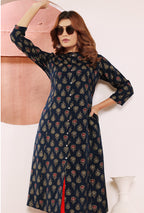 Monjolika Fashion Navy Blue Viscose Maslin Print With Pocket Stylish Kurti | Grocsy