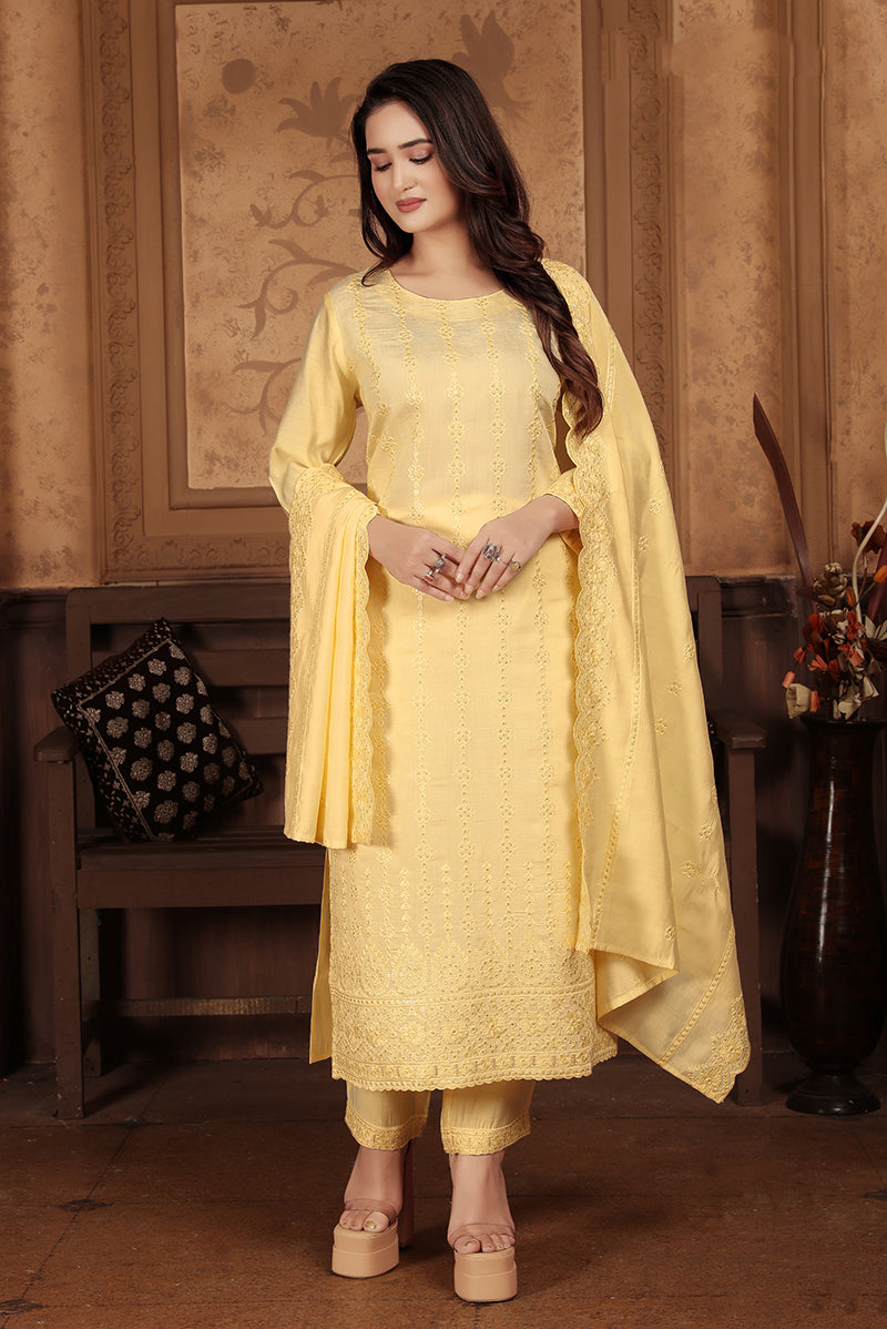 Monjolika Fashion Light Yellow Chanderi With Heavy Sequence Embroidery Classic Suit | Grocsy
