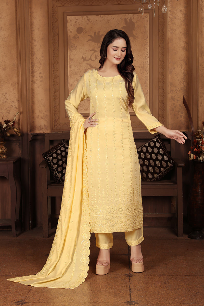 Monjolika Fashion Light Yellow Chanderi With Heavy Sequence Embroidery Classic Suit | Grocsy