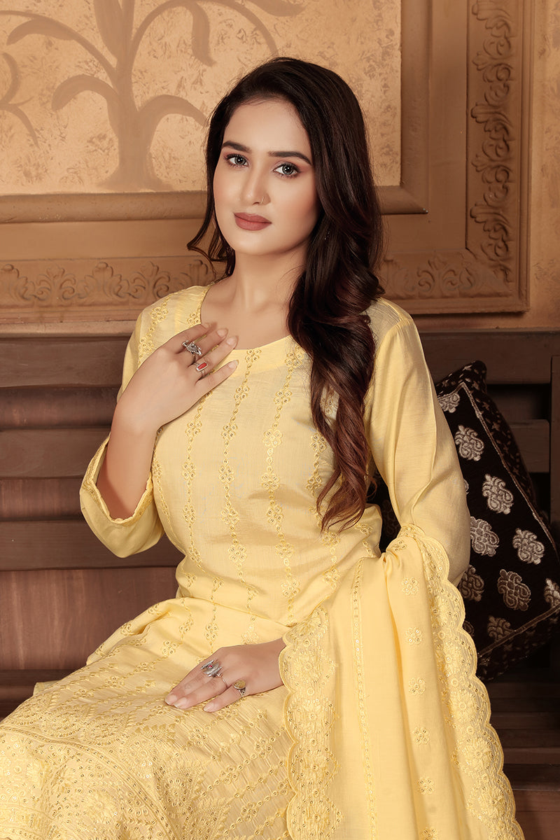 Monjolika Fashion Light Yellow Chanderi With Heavy Sequence Embroidery Classic Suit | Grocsy