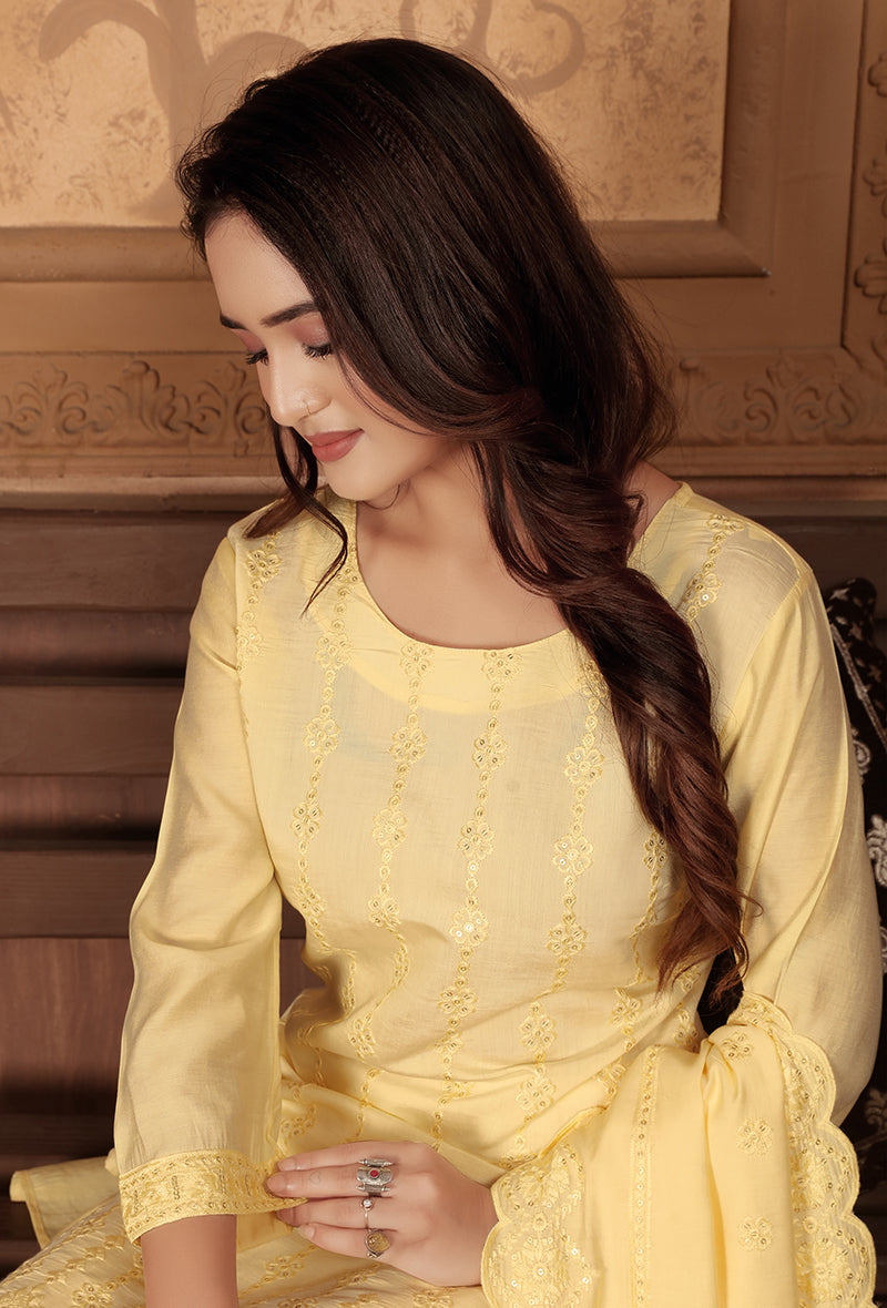 Monjolika Fashion Light Yellow Chanderi With Heavy Sequence Embroidery Classic Suit | Grocsy