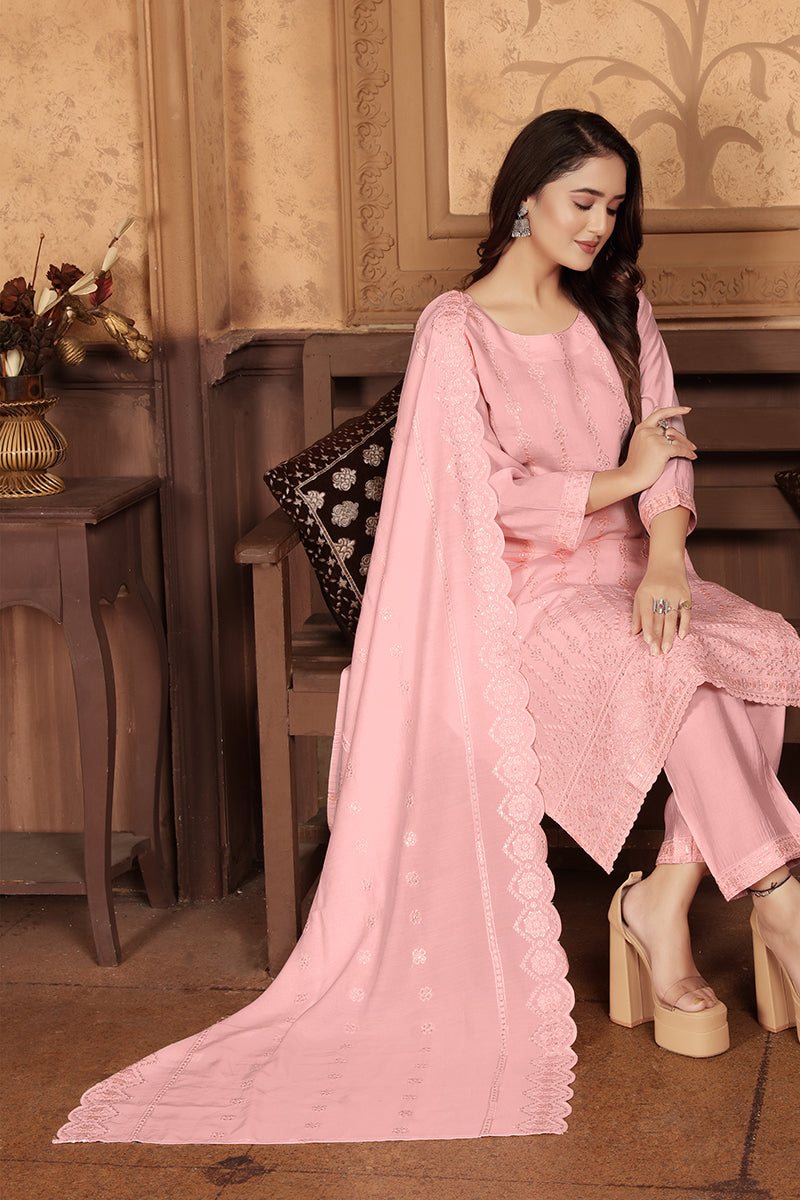 Monjolika Fashion Light Pink Chanderi With Heavy Sequence Embroidery Classic Suit | Grocsy