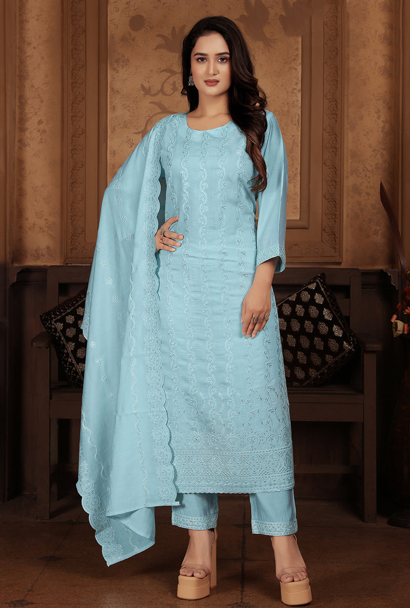 Monjolika Fashion Light Blue Chanderi With Heavy Sequence Embroidery Classic Suit | Grocsy