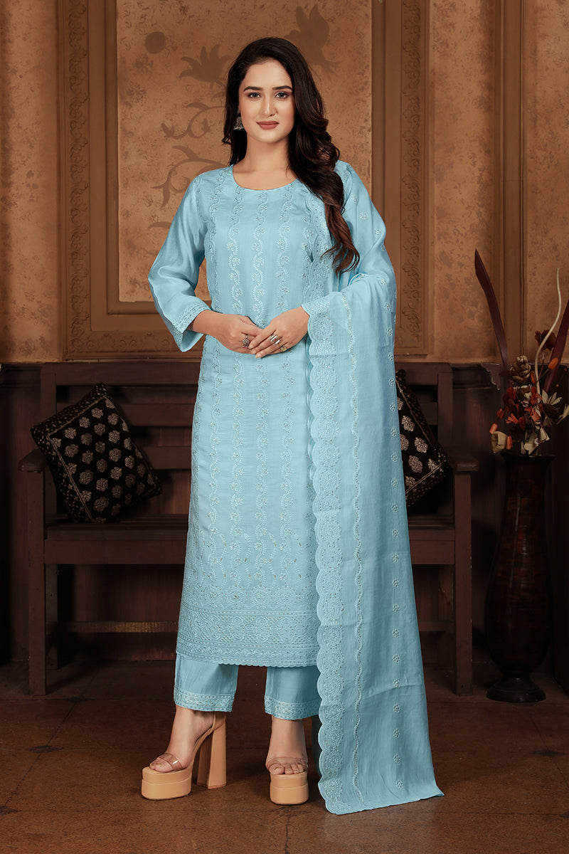 Monjolika Fashion Light Blue Chanderi With Heavy Sequence Embroidery Classic Suit | Grocsy