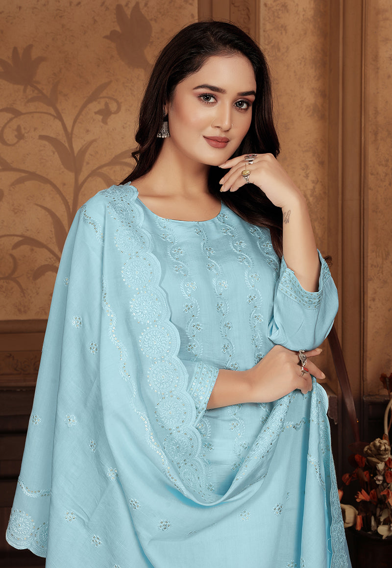 Monjolika Fashion Light Blue Chanderi With Heavy Sequence Embroidery Classic Suit | Grocsy