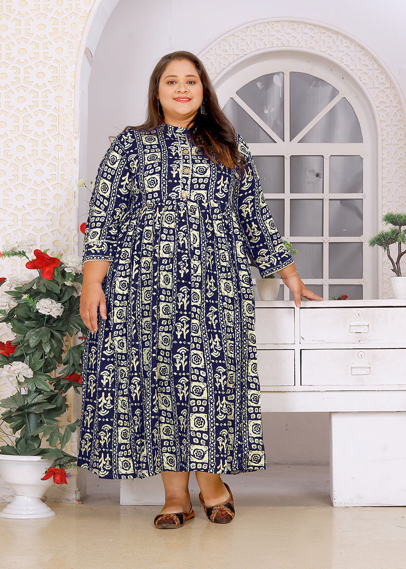 Monjolika Fashion Navy Blue Rayon Plus Size Printed Long Kurti | Grocsy