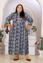Monjolika Fashion Navy Blue Rayon Plus Size Printed Long Kurti | Grocsy