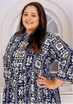 Monjolika Fashion Navy Blue Rayon Plus Size Printed Long Kurti | Grocsy