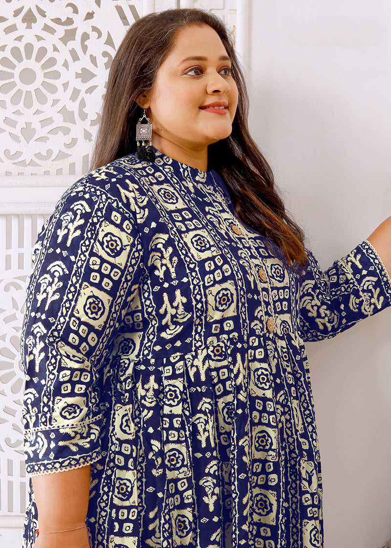 Monjolika Fashion Navy Blue Rayon Plus Size Printed Long Kurti | Grocsy