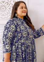 Monjolika Fashion Navy Blue Rayon Plus Size Printed Long Kurti | Grocsy
