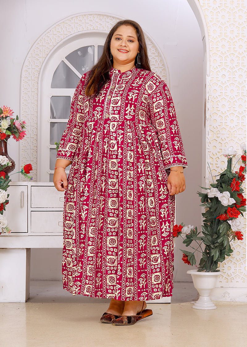 Monjolika Fashion Rani Pink Rayon Plus Size Printed Long Kurti | Grocsy