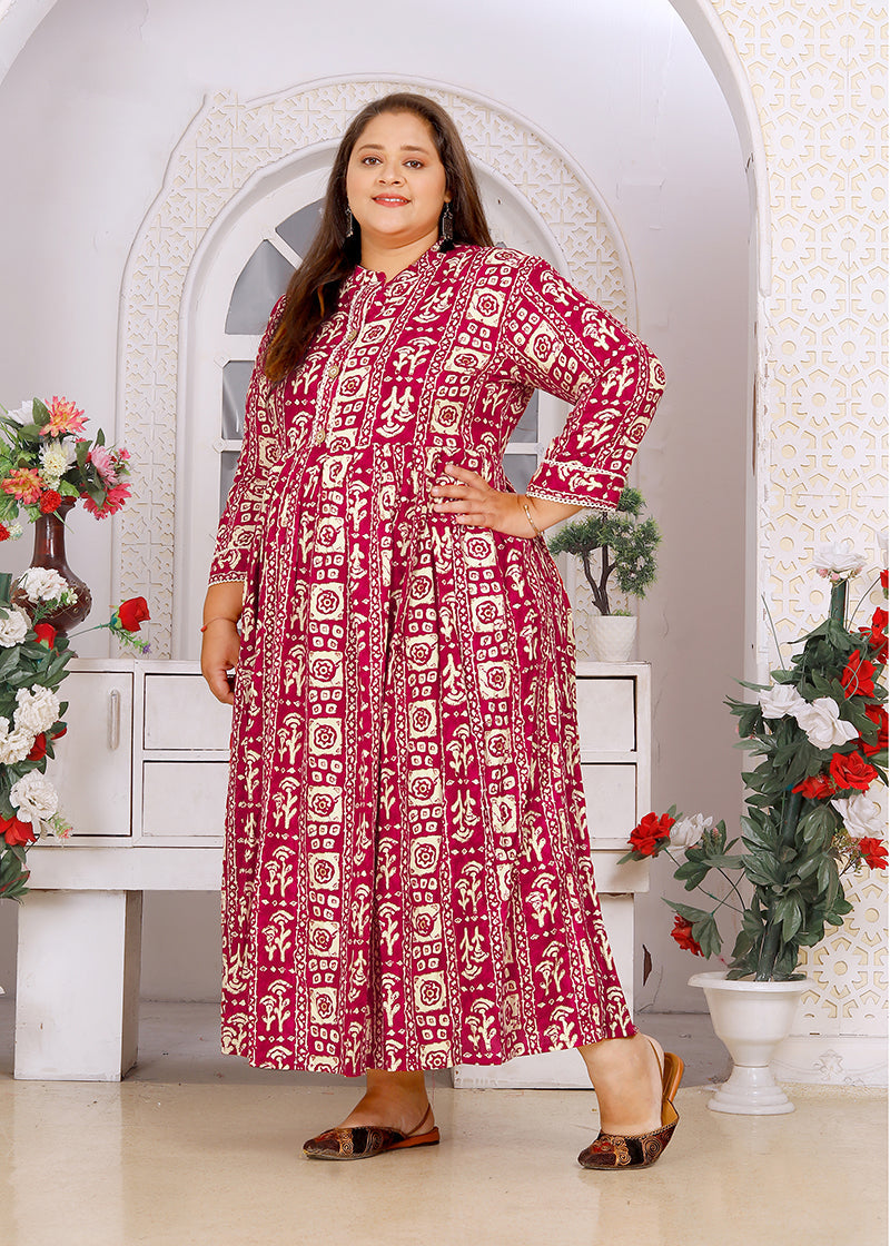 Monjolika Fashion Rani Pink Rayon Plus Size Printed Long Kurti | Grocsy