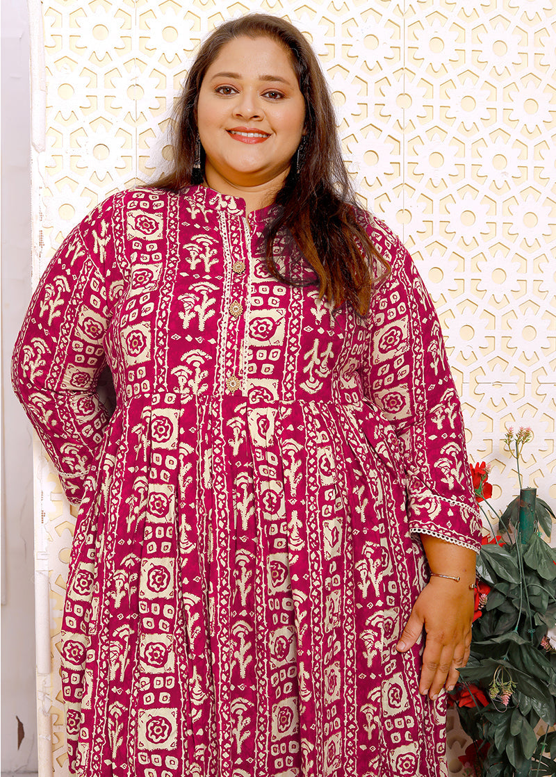 Monjolika Fashion Rani Pink Rayon Plus Size Printed Long Kurti | Grocsy
