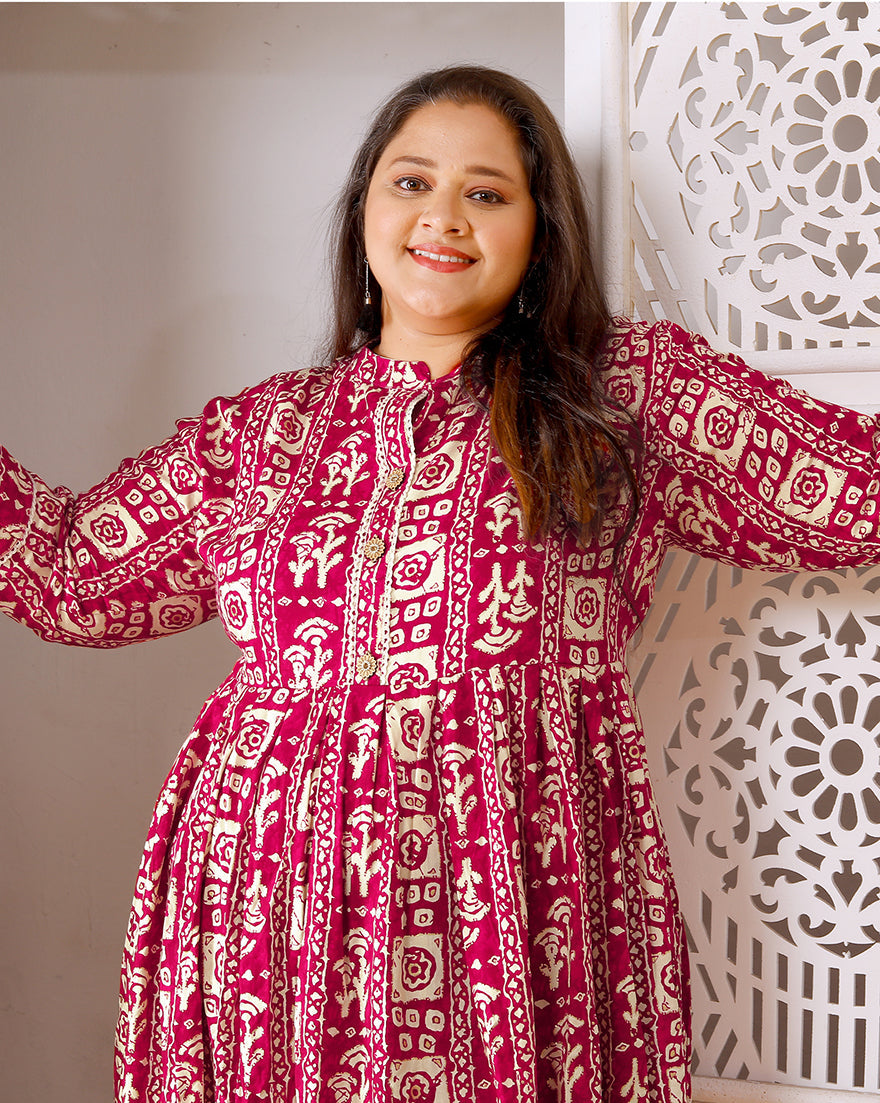 Monjolika Fashion Rani Pink Rayon Plus Size Printed Long Kurti | Grocsy