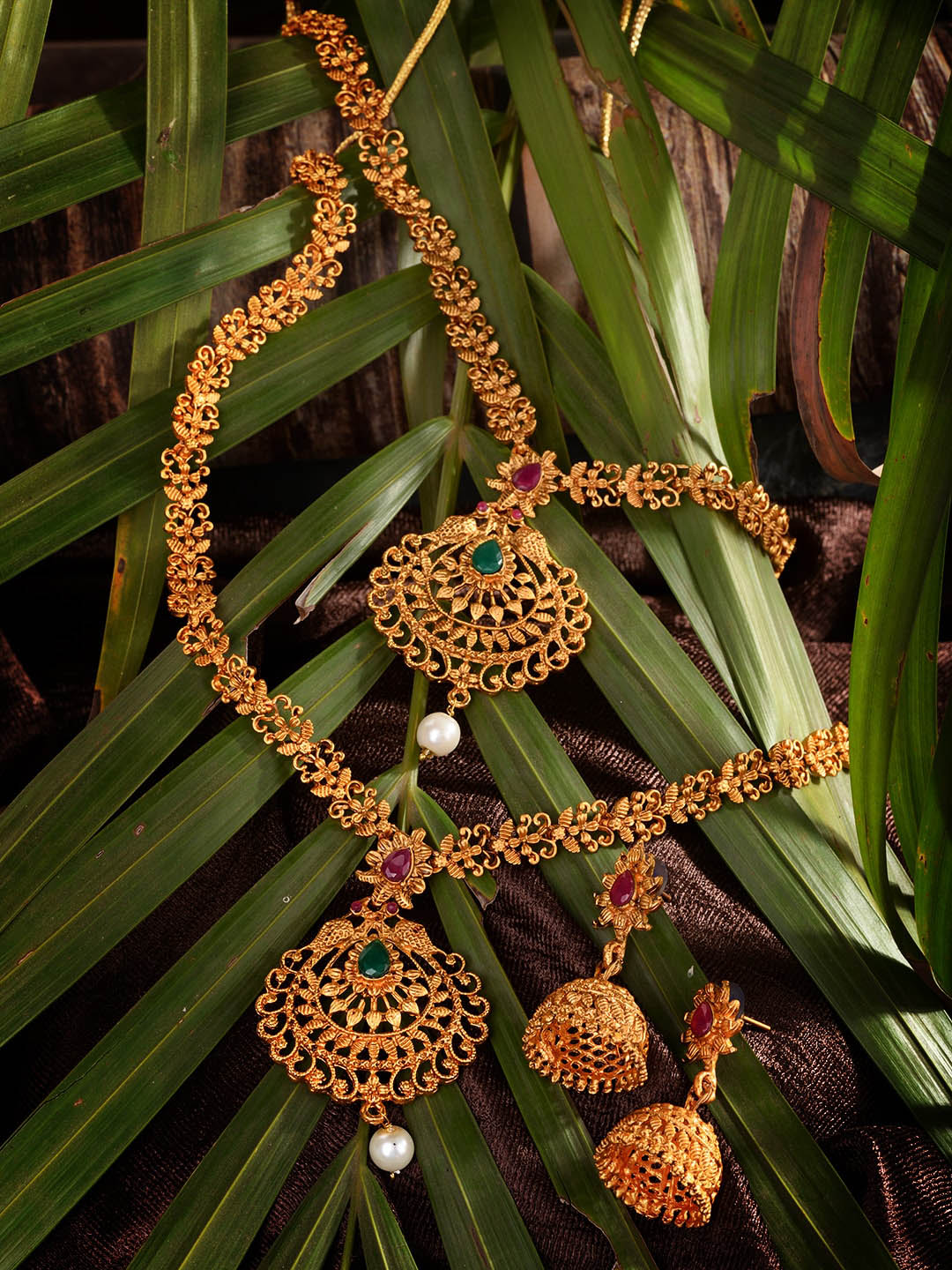 Saraf RS Jewellery Gold-Polished South Indian Imitation Bridal Temple Jewellery Set | Grocsy