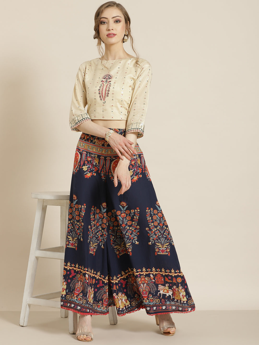 Juniper Women Indigo Cotton Printed Flared Palazzo | Grocsy