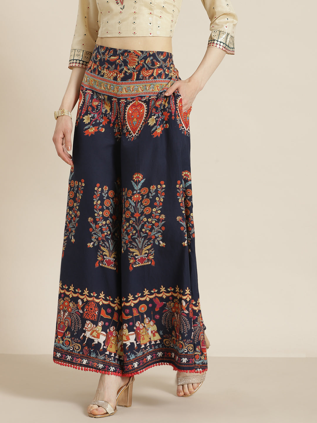 Juniper Women Indigo Cotton Printed Flared Palazzo | Grocsy