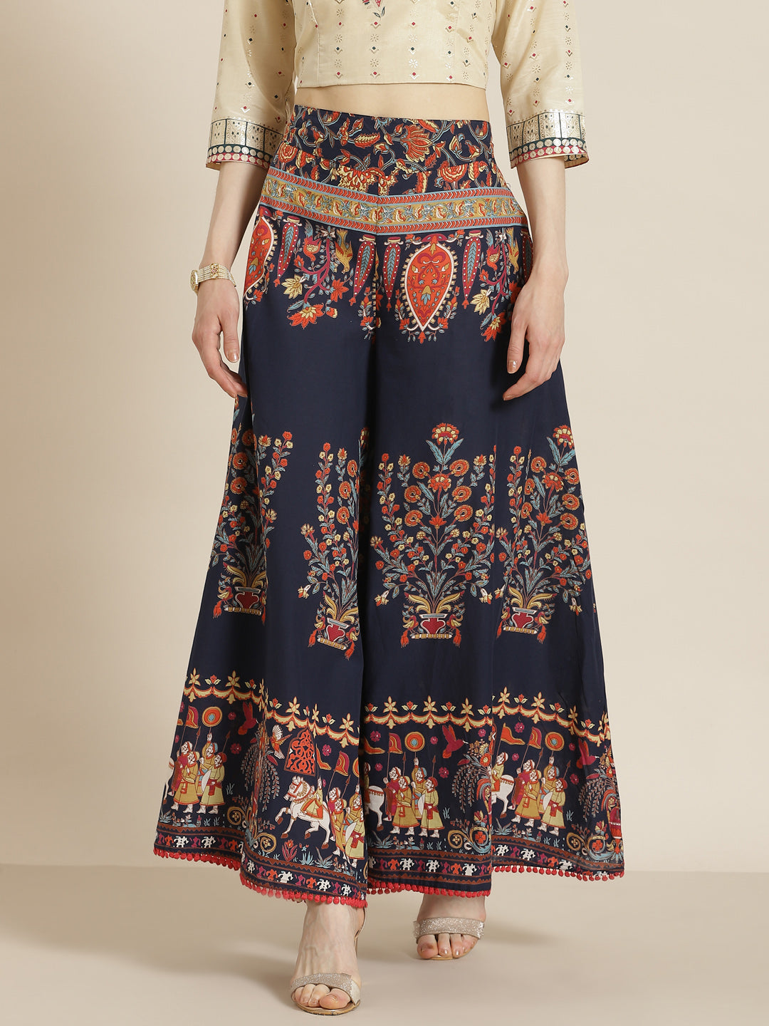 Juniper Women Indigo Cotton Printed Flared Palazzo | Grocsy