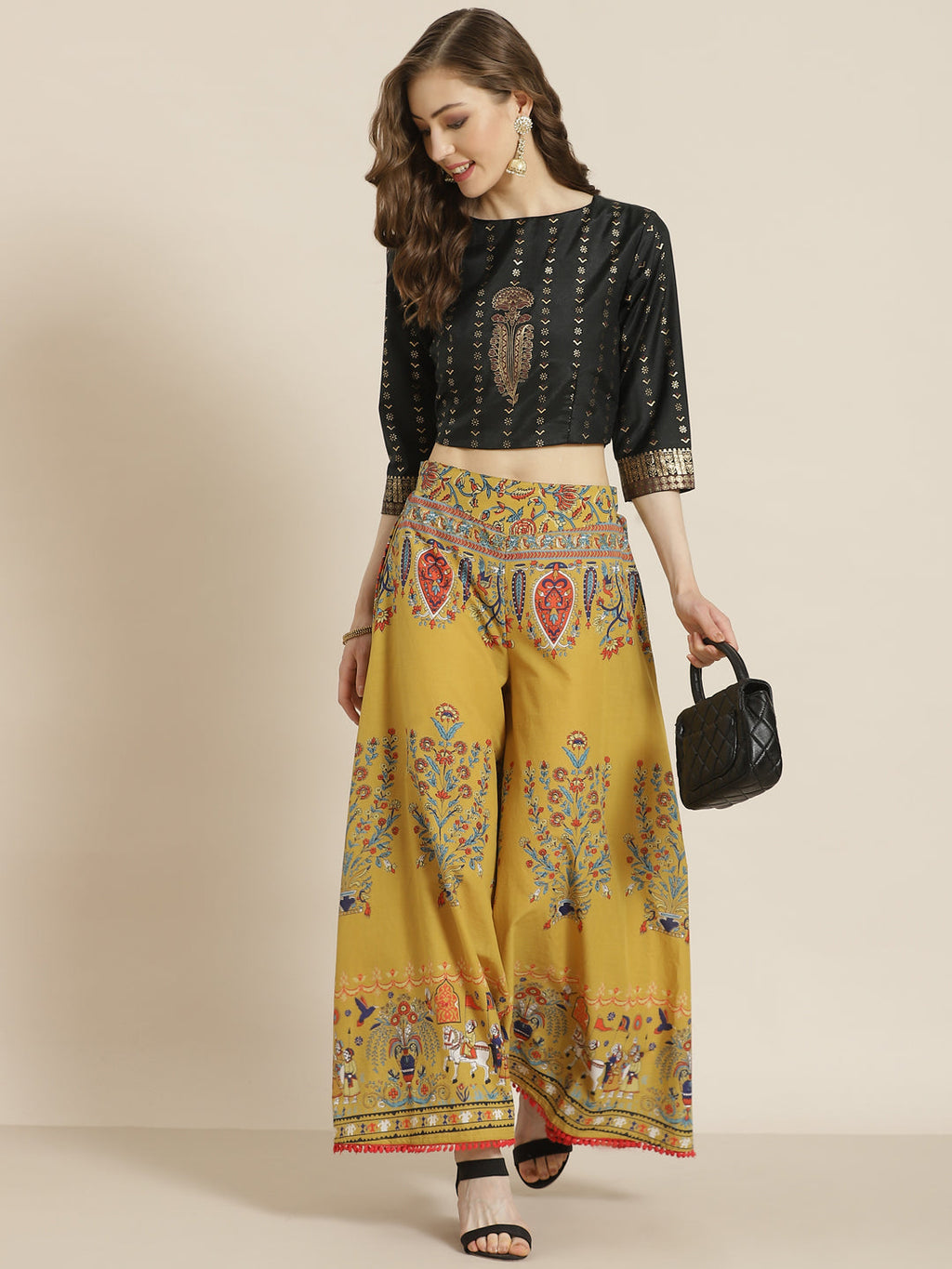 Juniper Women Mustard Cotton Printed Flared Palazzo | Grocsy