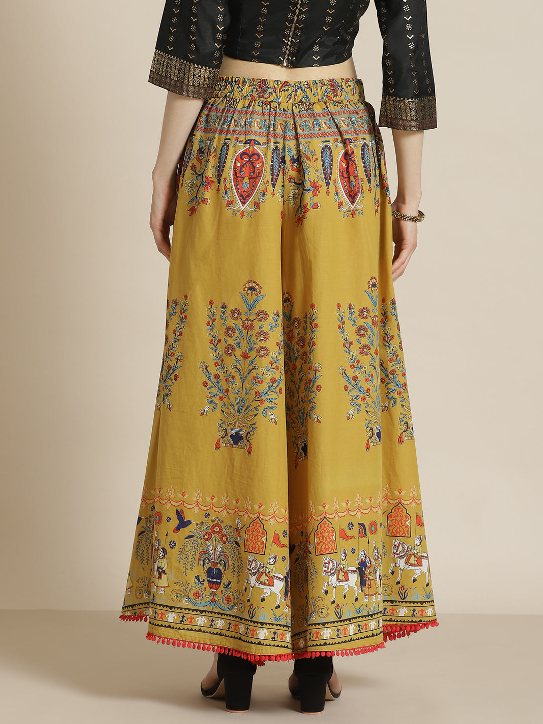 Juniper Women Mustard Cotton Printed Flared Palazzo | Grocsy