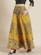 Juniper Women Mustard Cotton Printed Flared Palazzo | Grocsy