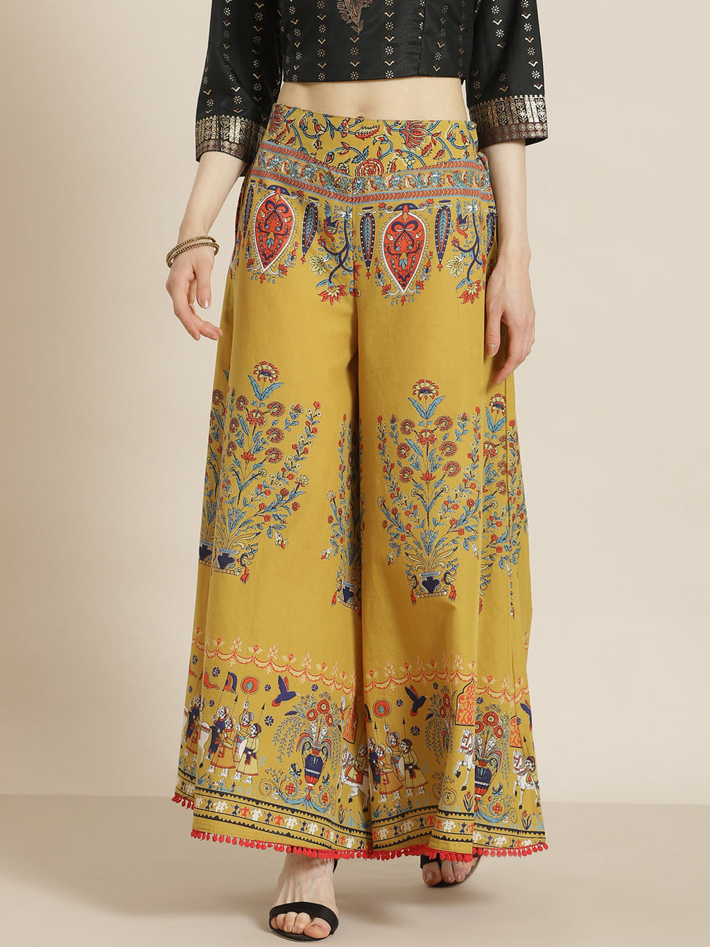 Juniper Women Mustard Cotton Printed Flared Palazzo | Grocsy