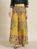 Juniper Women Mustard Cotton Printed Flared Palazzo | Grocsy