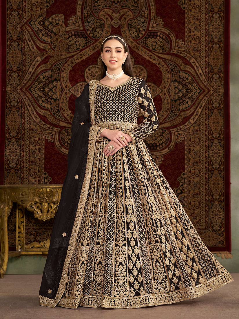 Monjolika Fashion Black Color Embroidered Santoon Net Salwar Suit | Grocsy