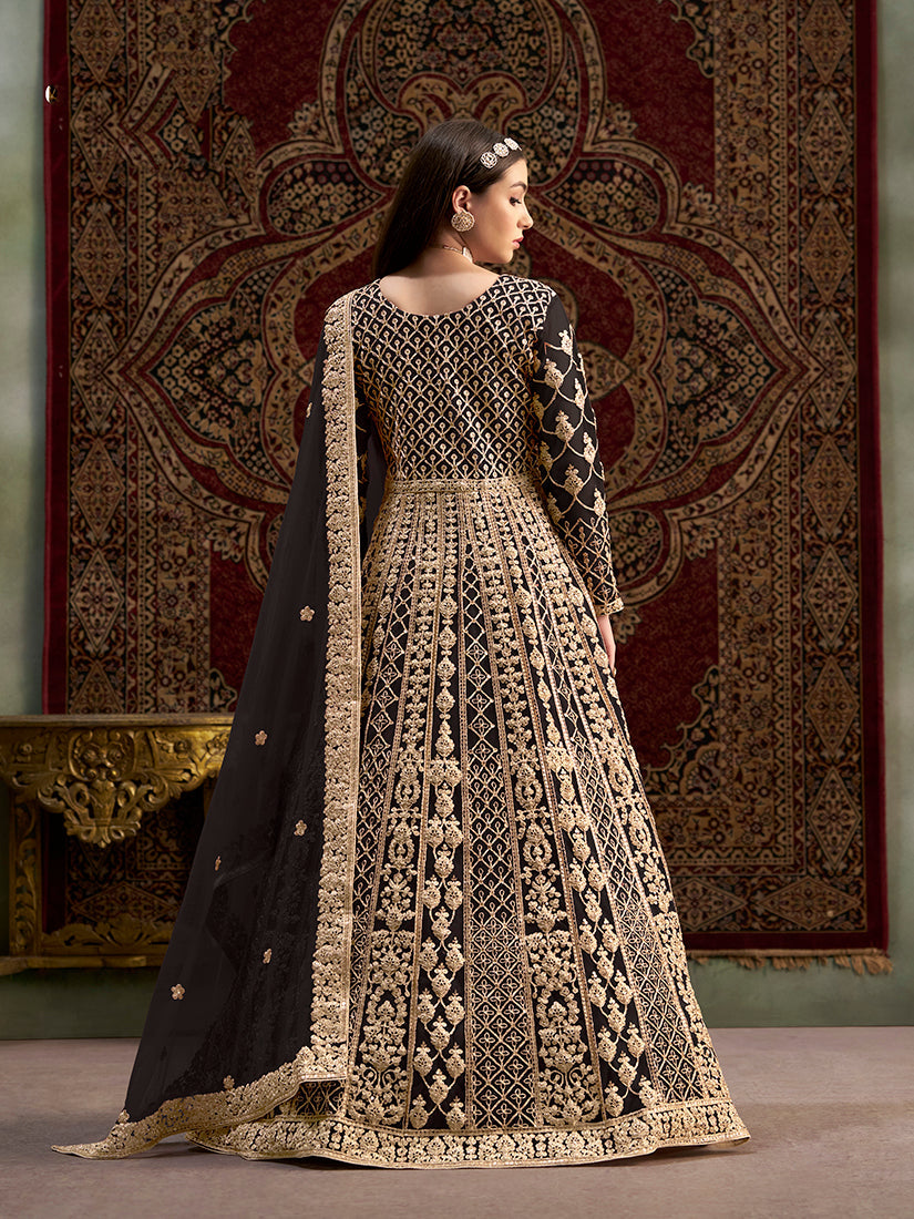 Monjolika Fashion Black Color Embroidered Santoon Net Salwar Suit | Grocsy