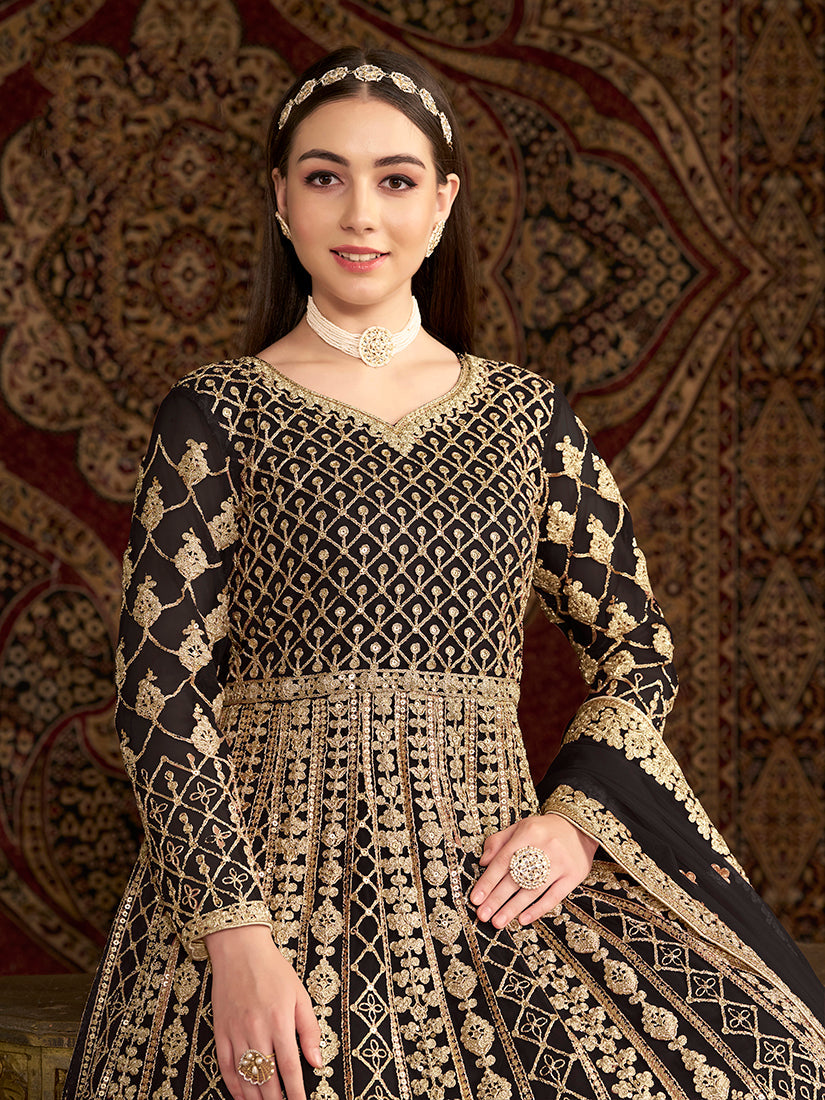Monjolika Fashion Black Color Embroidered Santoon Net Salwar Suit | Grocsy