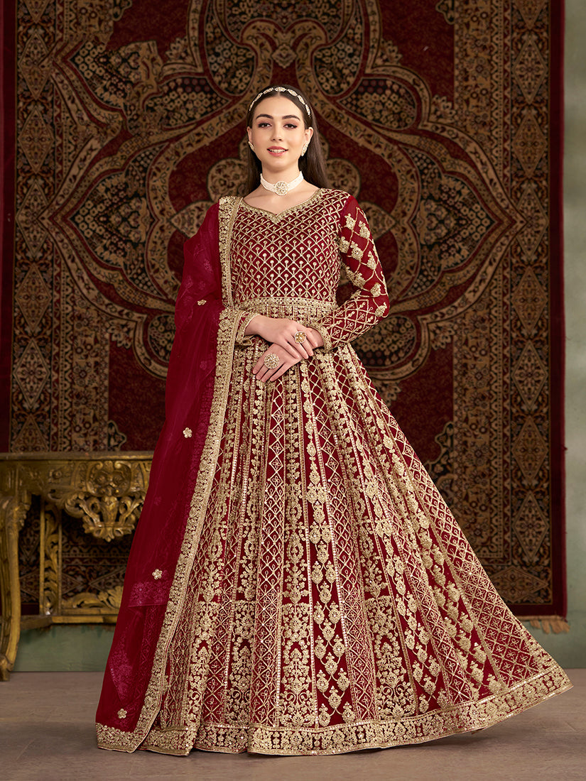 Monjolika Fashion Maroon Color Embroidered Santoon Net Salwar Suit | Grocsy