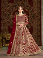 Monjolika Fashion Maroon Color Embroidered Santoon Net Salwar Suit | Grocsy