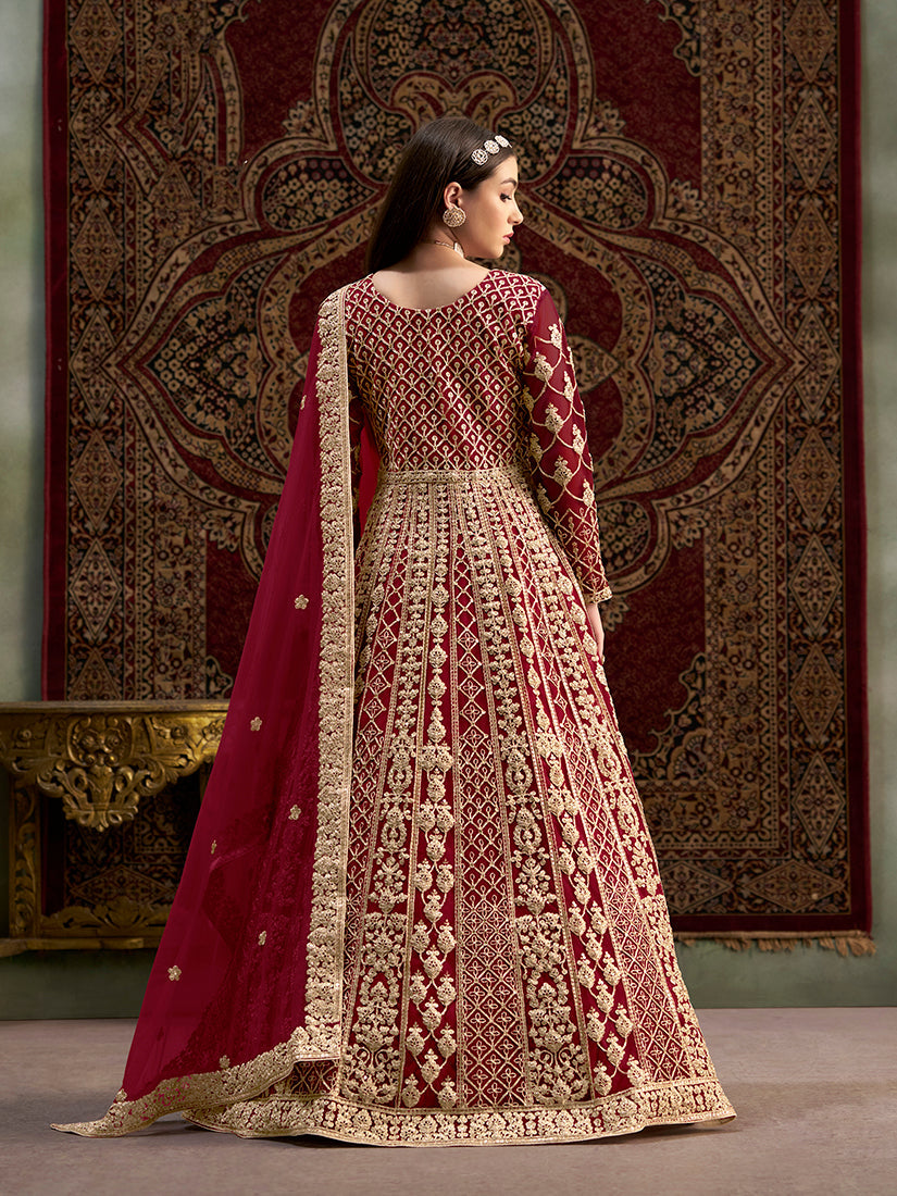 Monjolika Fashion Maroon Color Embroidered Santoon Net Salwar Suit | Grocsy
